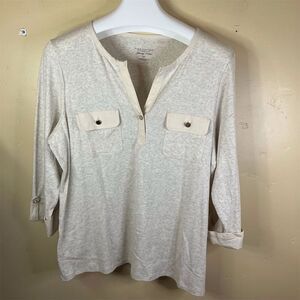 Charter Club Women's Size 2XL Ivory Henley Blouse 3/4 Sleeve Pockets Classic Top
